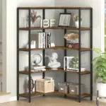 The 02.01.C_结果 corner bookshelf with five wooden shelves, offered for ODM and OEM, displays books, décor, a bust, gramophone, plants, boxes, and a basket in a bright modern room.