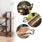 On the left is the 02.03 Solid Wood Bookcase, a 2-tier industrial rustic vintage etagere bookshelf; on the right, images display logs (1), rough-cut planks (2), and smoothed wood boards (3)—perfect for OEM and ODM woodworking projects.
