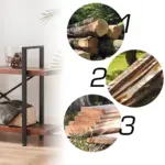 The 02.03 Solid Wood Bookcase (2-tier, industrial rustic style) appears alongside three circular images—cut logs, split logs, and wooden planks—depicting the wood processing stages for OEM/ODM production.