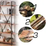 On the left is the 02.03 Solid Wood Bookcase, a 5-tier industrial rustic etagere bookshelf; on the right, numbered circles show logs, wooden planks, and cut lumber—stages of wood processing for ODM/OEM production.