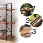 On the left is the 02.03 Solid Wood Bookshelf, a 3-tier rustic vintage industrial etagere in distressed brown; on the right, three circles show logs, planks, and boards to illustrate wood processing for ODM/OEM projects.