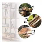 On the left is the 02.03 Solid Wood Bookshelf, a 4-tier rustic vintage industrial etagere with an open metal farmhouse design in distressed brown; on the right are three circles showing OEM logs, split wood, and finished boards.