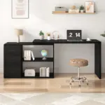L Shaped Computer Desk with 3 Drawers, Black Oak_03