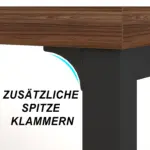 Close-up of the 03.01.C_结果 wooden tabletop with black metal legs, highlighting additional pointed brackets underneath and text in German "ZUSÄTZLICHE SPITZE KLAMMERN." Ideal for ODM and OEM custom solutions.