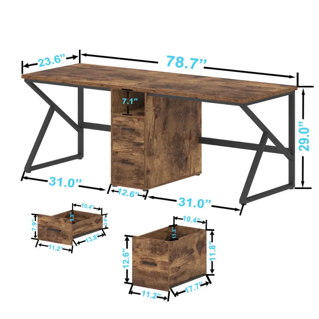 2 Person Computer Desk with File Drawer, Rustic Brown_03