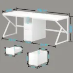 03.01.C_结果 is a white L-shaped desk featuring center drawers, detailed with desk and drawer dimensions in inches on a gray background; available for ODM and OEM customization.