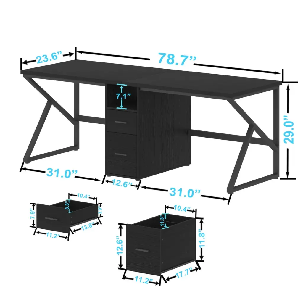 2 Person Computer Desk with File Drawer, Black Oak_03