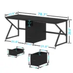 Black office desk, Product Name: 03.01.C_结果, with metal legs and three center drawers. Dimensions: 78.7"W × 29"H × 31"D; drawer sizes marked in blue lines. ODM and OEM customization available.