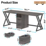 The 03.01.C_结果 is a wooden desk with black metal legs, two center drawers, and labeled inches for overall and drawer dimensions—offered with OEM & ODM customization options.