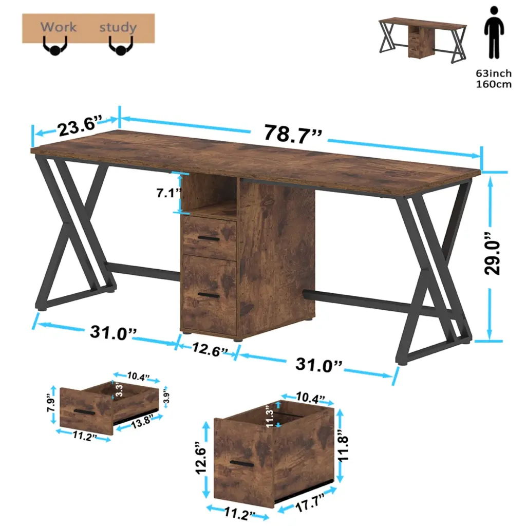 2 Person Desk with Storage Cabinet, Rustic Brown_03