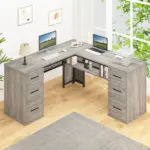 L Shaped Computer Desk with Six Drawers, Light Grey Oak _03