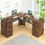 L Shaped Computer Desk with Six Drawers, Rustic Brown _03