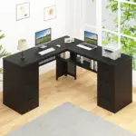 L Shaped Computer Desk with Six Drawers, Black Oak _03