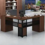 L Shaped Computer Desk with Six Drawers, Walnut _03