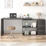 L Shaped Computer Desk with 3 Drawers, Dark Gray Oak_03