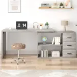 L Shaped Computer Desk with 3 Drawers, Light Grey Oak _03