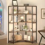 The 03.01.C_结果 black metal and wood corner bookshelf with five shelves, suitable for OEM/ODM customization, displays books, decor items, plants, a basket, globe, and lamp in a bright room.