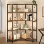 The 03.01.C_结果 is a five-tier corner bookshelf with wooden shelves and a black metal frame, perfect for ODM/OEM projects. It stylishly holds books, decor, a lamp, plants, and baskets in any well-lit space.