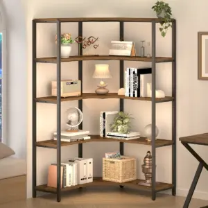 5 Tier L-Shaped Bookshelf, Rustic Brown_03