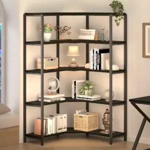 5 Tier L-Shaped Bookshelf, Black Oak_03