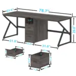 Product 03.01.C_结果 is a rectangular office desk with black metal frame, central drawer unit, and measurements in inches. OEM/ODM customization available.