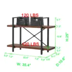 Bookshelf—two-tier wood and metal design with 120 lbs per shelf weight capacity; dimensions: 35.4" W x 25" H x 10.6" D in green text. Perfect storage furniture for any room.
