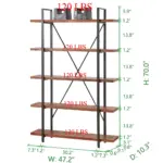 03.03 Solid Wood Bookcase: 5-tier industrial rustic vintage etagere bookshelf, distressed brown finish, open metal farmhouse style. Measures 70"H x 47.2"W (inches), holds up to 120 lbs per shelf. ODM/OEM options available for customization.