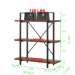 The 03.03 Solid Wood Bookshelf is a 3-tier rustic vintage industrial etagere bookcase with open metal farmhouse design, distressed brown finish, supports up to 120 lbs per shelf, and is ideal for ODM/OEM projects, with measurements in inches.