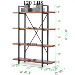 The 03.03 Solid Wood Bookshelf is a 4-tier rustic industrial etagere with a distressed brown finish and open metal frame, measuring 55”H x 41.3”W x 10.6”D; each shelf holds up to 120 lbs. ODM and OEM customization available.