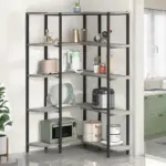 03_结果 is a corner kitchen shelf unit with a black frame and light-colored shelves, suitable for OEM and ODM customization, perfect for holding appliances, dishes, cookware, and decor near a window against a white wall.