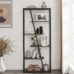 The 03窗边正面_结果 is a black metal and wood bookshelf with five shelves, suitable for books, decor, vases, and baskets. Available in ODM and OEM options, it stands by a window with a vase of dried flowers nearby.