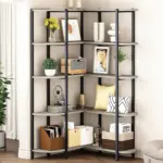 The 04. 1200 1200.02 bookshelf with five shelves, customizable via ODM and OEM, displays books, décor, plants, bins, and photos against a beige living room wall.