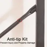 Close-up of 04.01.C_结果 anti-tip kit—perfect for OEM and ODM furniture—attached to furniture, with text: "Anti-tip Kit. Prevent Injury and Property Damage.