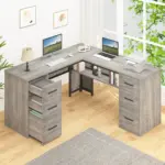 L Shaped Computer Desk with Six Drawers, Light Grey Oak _04