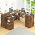 L Shaped Computer Desk with Six Drawers, Rustic Brown _04