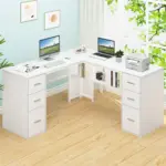 L Shaped Computer Desk with Six Drawers, White Oak _04