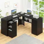 L Shaped Computer Desk with Six Drawers, Black Oak _04