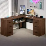 L Shaped Computer Desk with Six Drawers, Walnut _04