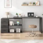 L Shaped Computer Desk with 3 Drawers, Dark Gray Oak_04