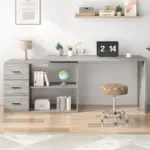 L Shaped Computer Desk with 3 Drawers, Light Grey Oak _04