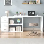L Shaped Computer Desk with 3 Drawers, White Oak _04