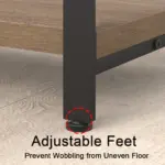 Close-up of the 04.01.C_结果 furniture leg with adjustable foot, highlighted by a red dashed circle; text: “Adjustable Feet - Prevent Wobbling on Uneven Floors.” ODM/OEM options available for custom designs.