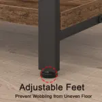 Close-up of 04.01.C_结果 furniture leg with adjustable foot, highlighted by a red dashed circle on wooden floor. Text: "Adjustable Feet. Prevent Wobbling from Uneven Floor." OEM/ODM customization available.