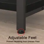 Close-up of 04.01.C_结果 furniture leg with adjustable foot on wooden floor, highlighted by a red dashed circle. Text: "Adjustable Feet—Prevent Wobbling on Uneven Floors. ODM & OEM available.