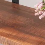 Close-up of the 04.03 Solid Wood Bookcase’s rustic wooden shelf, highlighting its visible grain and texture; a small bouquet of pink flowers appears in the corner—ideal for OEM or ODM customization.