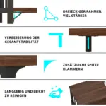 Close-up images of the 05.01.C_结果 wooden table show its triangular frame, enhanced stability, extra clips, and a durable, easy-to-clean surface with German labels—perfect for OEM and ODM customization.