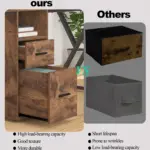 Image comparing two storage drawer types: our 05.01.C_结果 sturdy wooden filing cabinet (OEM/ODM available) with open drawers vs. others' fabric/cardboard boxes, highlighting pros and cons for each.