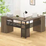 L Shaped Computer Desk with Six Drawers, Rustic Oak _05