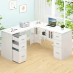 L Shaped Computer Desk with Six Drawers, White Oak _05