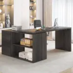 L Shaped Computer Desk with 3 Drawers, Dark Gray Oak_05